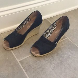 Black Toms Peep Toe Wedge Sandals